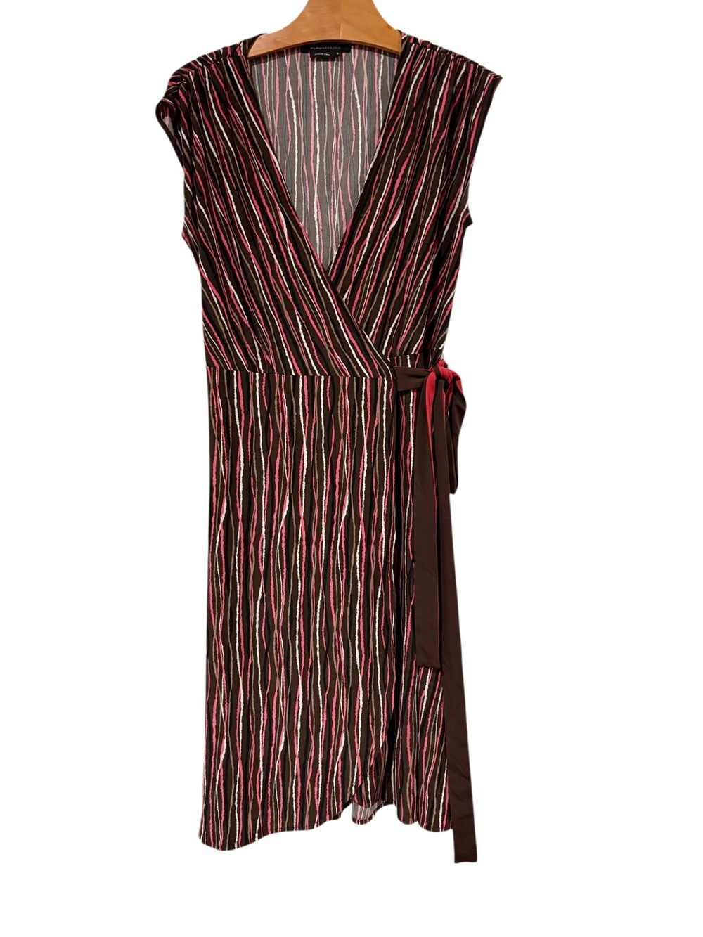 BCBGMaxAzria Sleeveless Wrap Midi Dress Stripe Brown Small